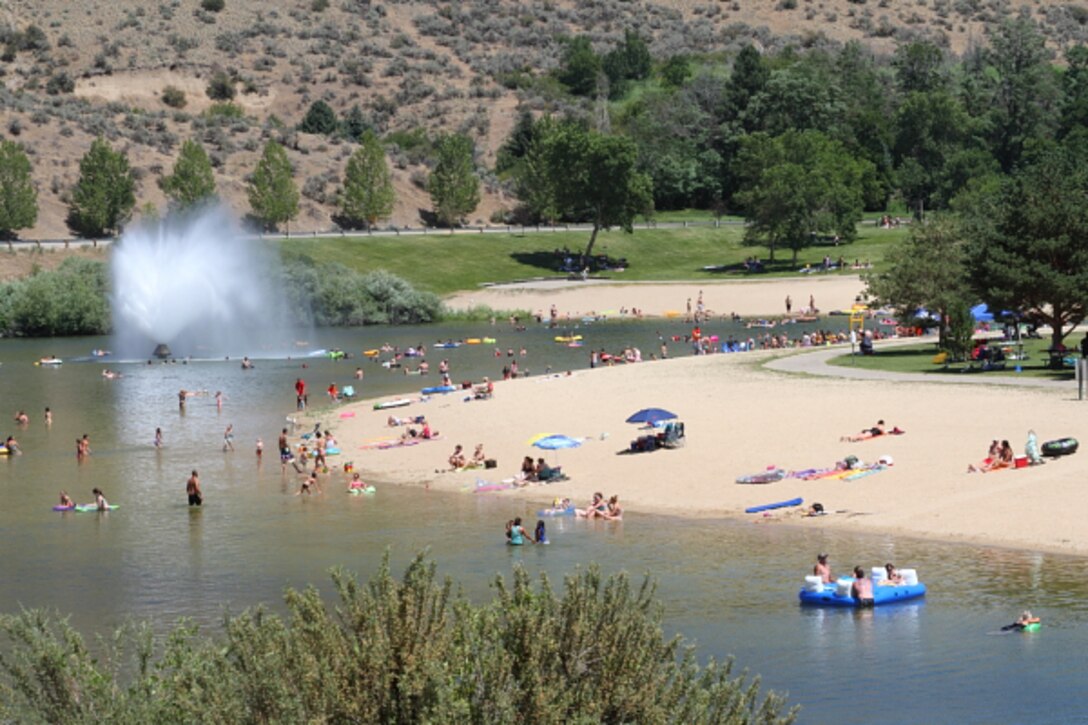 Beating the heat –a typical summer afternoon weekend at Lucky Peak State Park’s Sandy Point.