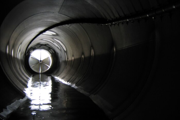 Looking out a cone valve on Lucky Peak Dam’s Auxilliary Tunnel.
