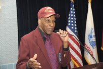 Dr. Granville Coggs, a Tuskegee Airman, recites a poem written by Dr. Martin Luther King, Jr. Jan. 16 at the Dr. Martin Luther King Jr. 2014 Observance Luncheon at Joint Base San Antonio-Randolph Parr Club. (U.S. Air Force photo by Joel Martinez)