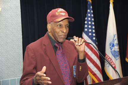Dr. Granville Coggs, a Tuskegee Airman, recites a poem written by Dr. Martin Luther King, Jr. Jan. 16 at the Dr. Martin Luther King Jr. 2014 Observance Luncheon at Joint Base San Antonio-Randolph Parr Club. (U.S. Air Force photo by Joel Martinez)