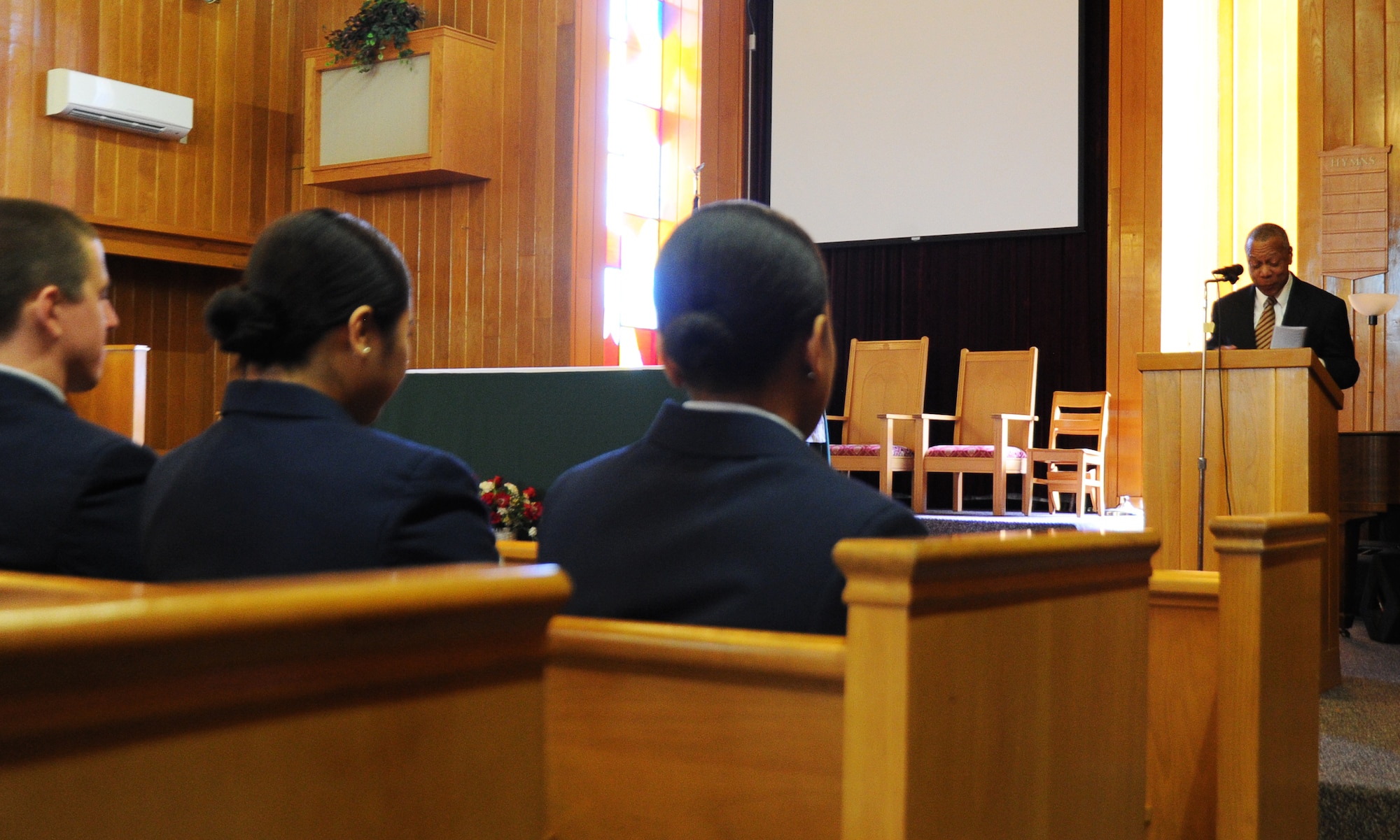 Dr. Legand L. Burge, Jr., retired Air Force colonel and the Tuskegee University College of Engineering dean and Electrical Engineering professor, speaks at the Dr. Martin Luther King, Jr. Commemoration Service Jan. 17 at the Tyndall Air Force Base chapel. The service was presented by the Tyndall Black Heritage Committee as a remembrance of Dr. King and his contribution to civil rights. (U.S. Air Force photo by Airman 1st Class Alex Echols)