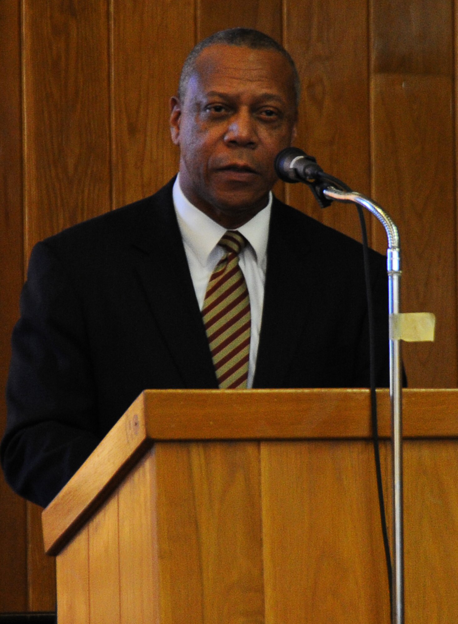 Dr. Legand L. Burge, Jr., retired Air Force colonel and the Tuskegee University College of Engineering dean and Electrical Engineering professor, speaks at the Dr. Martin Luther King, Jr. Commemoration Service Jan. 17 at the Tyndall Air Force Base chapel. The service was presented by the Tyndall Black Heritage Committee as a remembrance of Dr. King and his contribution to civil rights. (U.S. Air Force photo by Airman 1st Class Alex Echols)