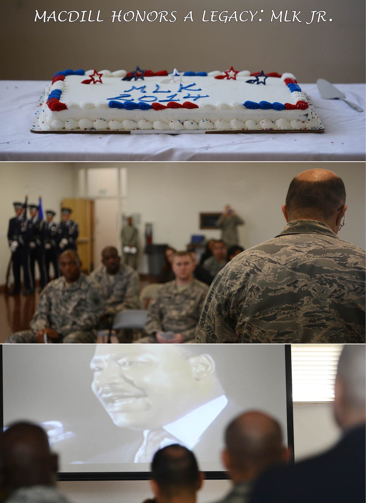 Members of the 6th Medical Group hosted a ceremony in honor of Martin Luther King Jr. Jan. 17, 2014 at MacDill Air Force Base, Fla. The ceremony included posting of the colors, invocation, two guest speakers, a presentation and refreshments. (U.S. Air Force photo by Senior Airman Jenay Randolph/Released)