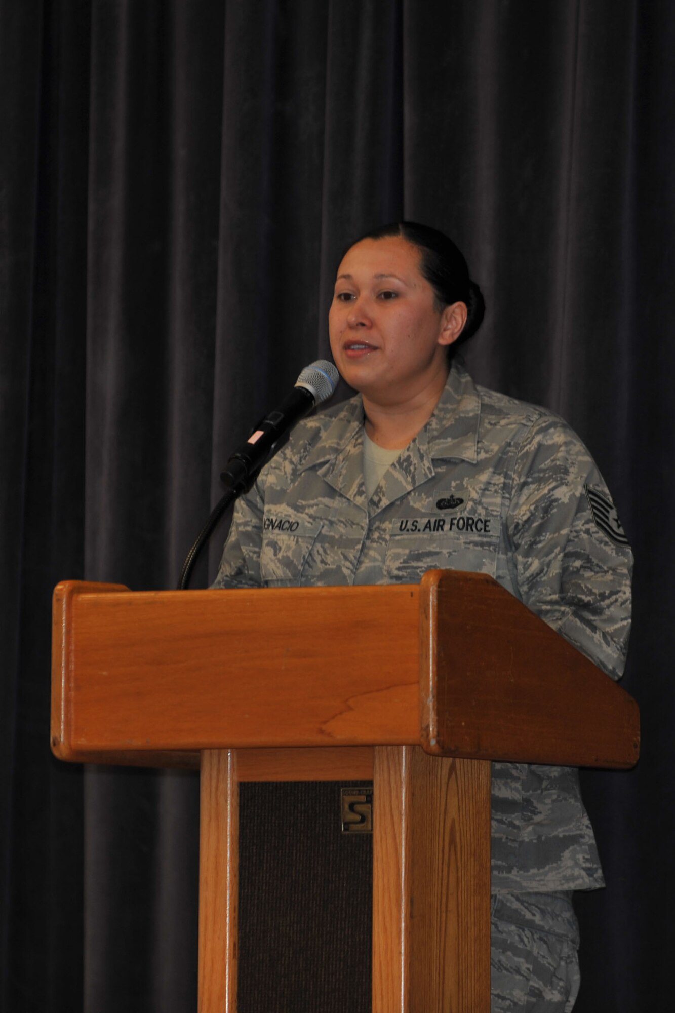 Tech. Sgt. Bernadette Ignacio, 65th Communications Squadron, shares her Hawaiian Aloha Spirit and emphasizes how Martin Luther King's efforts led to desegregation and unified pride as Americans. The 65th Air Base Wing celebrated the life and achievements of Dr. Martin Luther King, Jr., with a Unity Service consisting of songs and speeches Jan.17, 2014. The event featured service members of various backgrounds discussing how Martin Luther King's civil rights efforts affected their cultures. Martin Luther King Day is observed the third Monday in January of each year. The annual theme is "A Day On, Not a Day Off." (U.S. Air Force photo by Staff Sgt. Angelique N. Smythe)