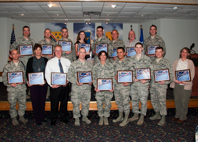Group shot of the 82nd Training Wing's 4th quarter, CY '13 award winners during the wing quarterly awards lunch Jan. 14 at the Sheppard Club.  21 winners from across Sheppard Air Force Base were recognized. (U.S. Air Force photo/Frank Carter)