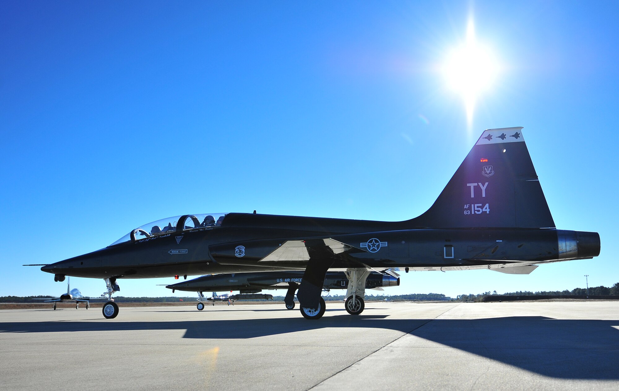 A T-38 Talon prepares to take off Jan. 16, at the flight line end of runway. Team Tyndall recently came together for a ‘war day’ to increase the lethality of the 43rd Fighter Squadron and 95th Fighter Squadron’s F-22 Raptor pilots. (U.S. Air Force photo by Airman 1st Class Sergio A. Gamboa)
