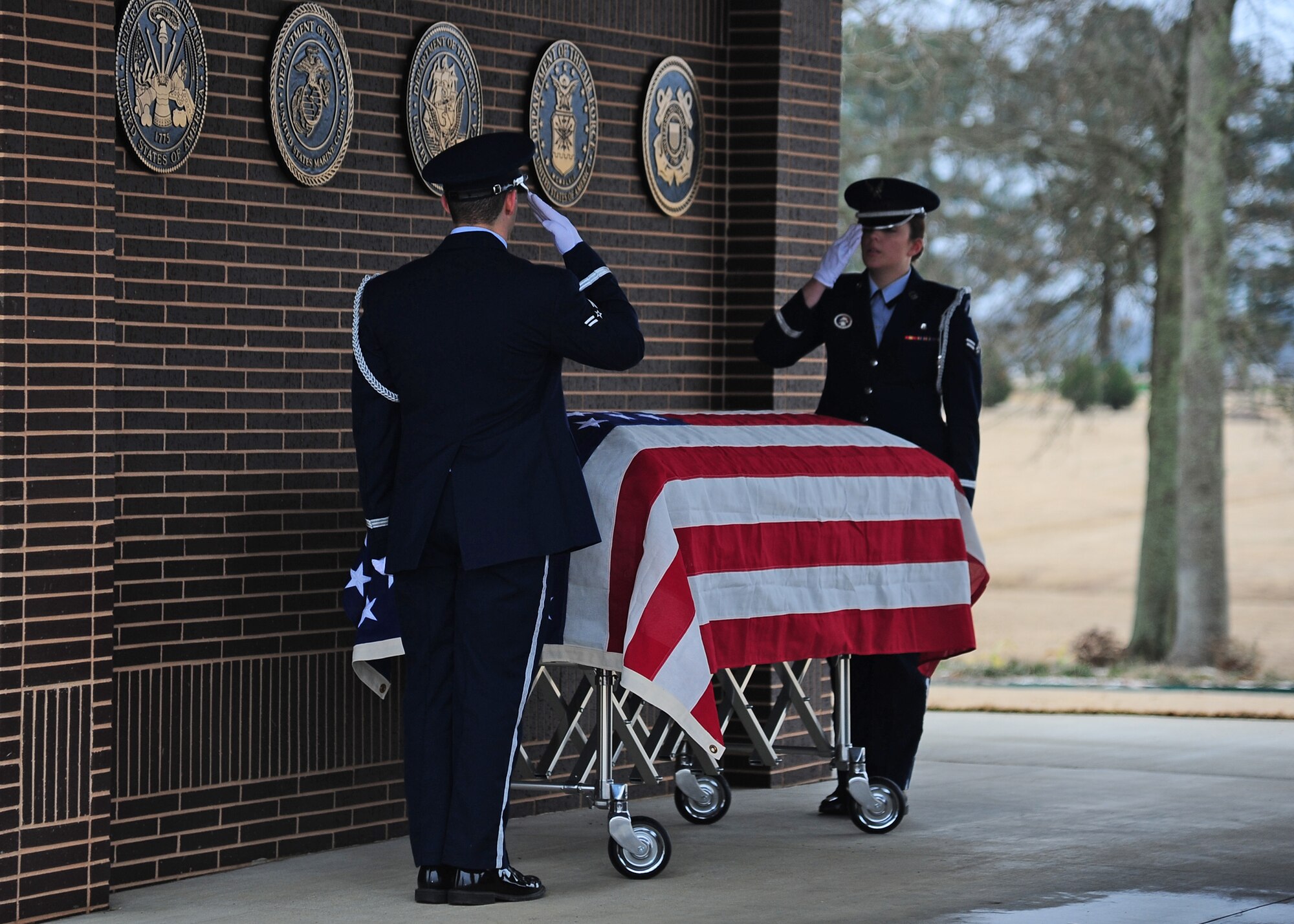 Airman 1st Class John Whittaker, 14th Operations Support Squadron, and Airman 1st Class Rachel Alms, 14th Medical Operations Squadron, salute the flag-draped casket of a fallen veteran at a military funeral in Newton, Miss. Alms said that she joined honor guard because she felt it was an honor to go to the funerals of veterans and to be able to honor them. (U.S. Air Force Photo/Airman 1st Class Stephanie Englar)