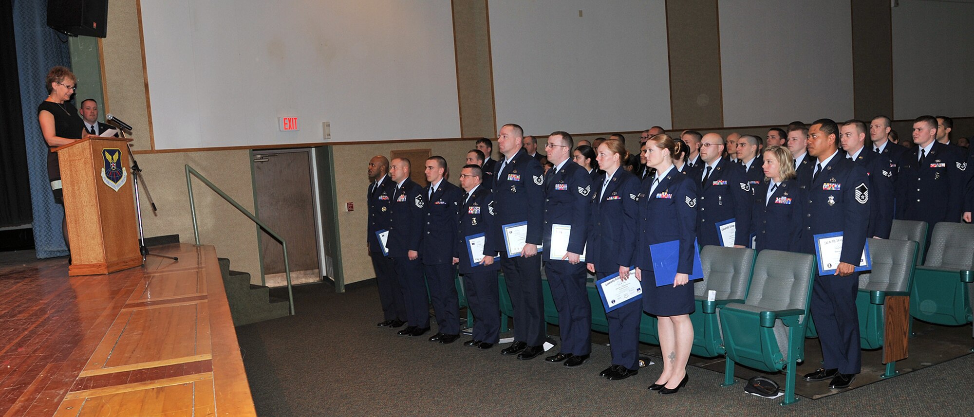 Ingrid Callahan, 341st Force Support Squadron chief of force development flight, speaks to Malmstrom’s spring graduating class of the Community College of the Air Force on April 19. According to Malmstrom Education Center personnel, more than 100 Malmstrom Airmen graduate from the CCAF every class cycle. (U.S. Air Force photo/John Turner)