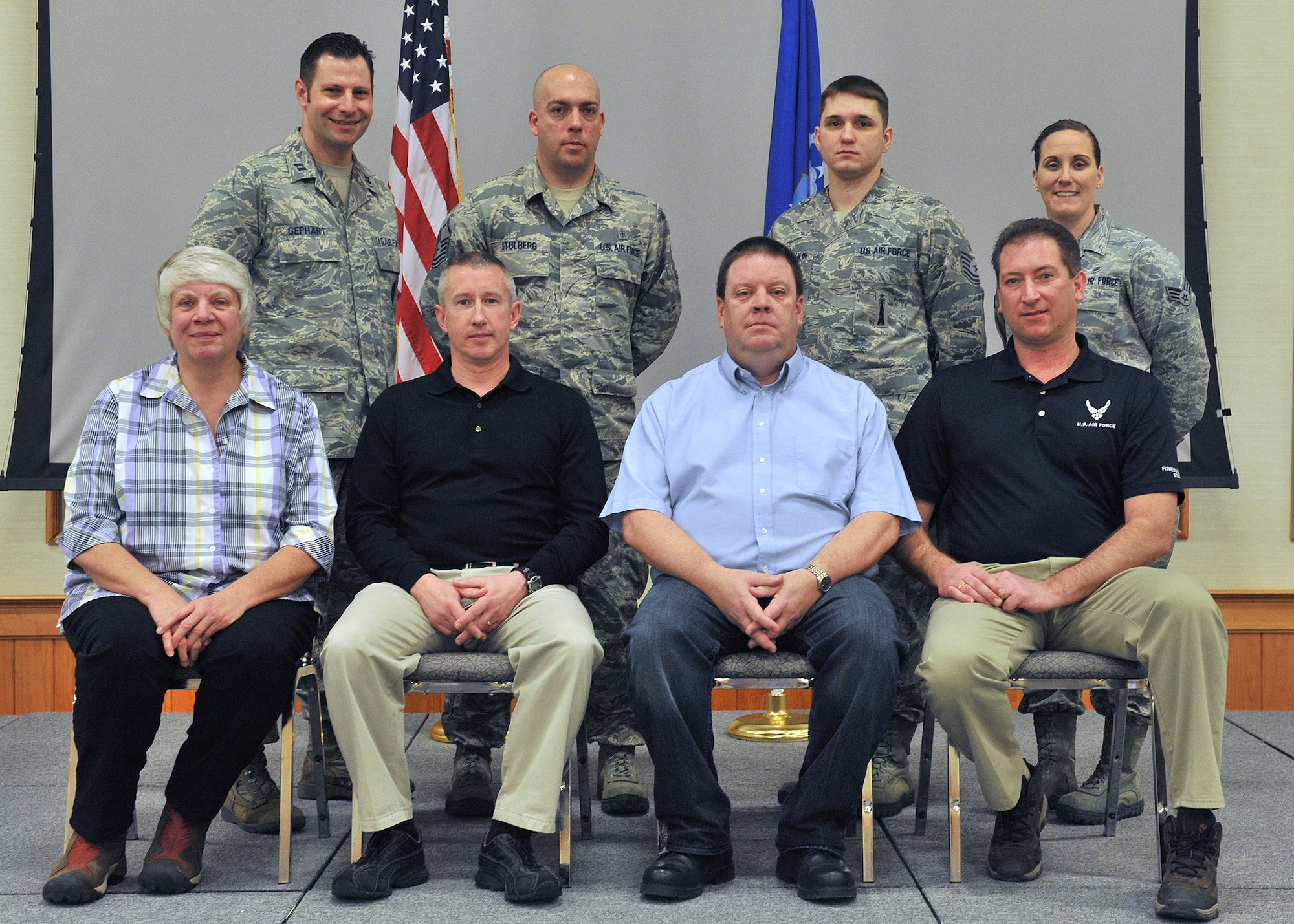 Winners of the fourth quarter Wing Quarterly Awards pose for a photo at the Grizzly Bend on Jan. 14.  Pictured from left to right are: (back row) Company Grade Officer of the Quarter, Capt. Paul Gephart, 341st Operations Group;  Senior NCO of the Quarter, Master Sgt. Keith Stolberg, 341st Medical Group; NCO of the Quarter, Tech. Sgt. Ronald McLaughlin, 341st Maintenance Group; Airman of the Quarter, Senior Airman Jeana Costanzo, 341st MDG.  (Front row) Non-Supervisor Category One Civilian of the Quarter, Carolyn Dowdy, 341st Security Forces Group; Non-Supervisor Category Two Civilian of the Quarter, Doug Shaver, 341st Missile Wing; Supervisor Category One Civilian of the Quarter, Kenneth Sanders, 341st Mission Support Group;  Supervisor Category Two Civilian of the Quarter, James Muscle, 341st MSG.  Not pictured: Honor Guard Member of the Quarter, Senior Airman Alex Mange, 341st Security Forces Squadron; Outstanding Dorm Room of the Quarter, Airman 1st Class Jennifer Cook, 341st Munitions Squadron.  Dorm 655 won Outstanding Dormitory of the Quarter and Malmstrom’s Professional Team of the Quarter went to the 341st Civil Engineer Squadron Bldg. 1840 Response Team. (U.S. Air Force photo/John Turner)