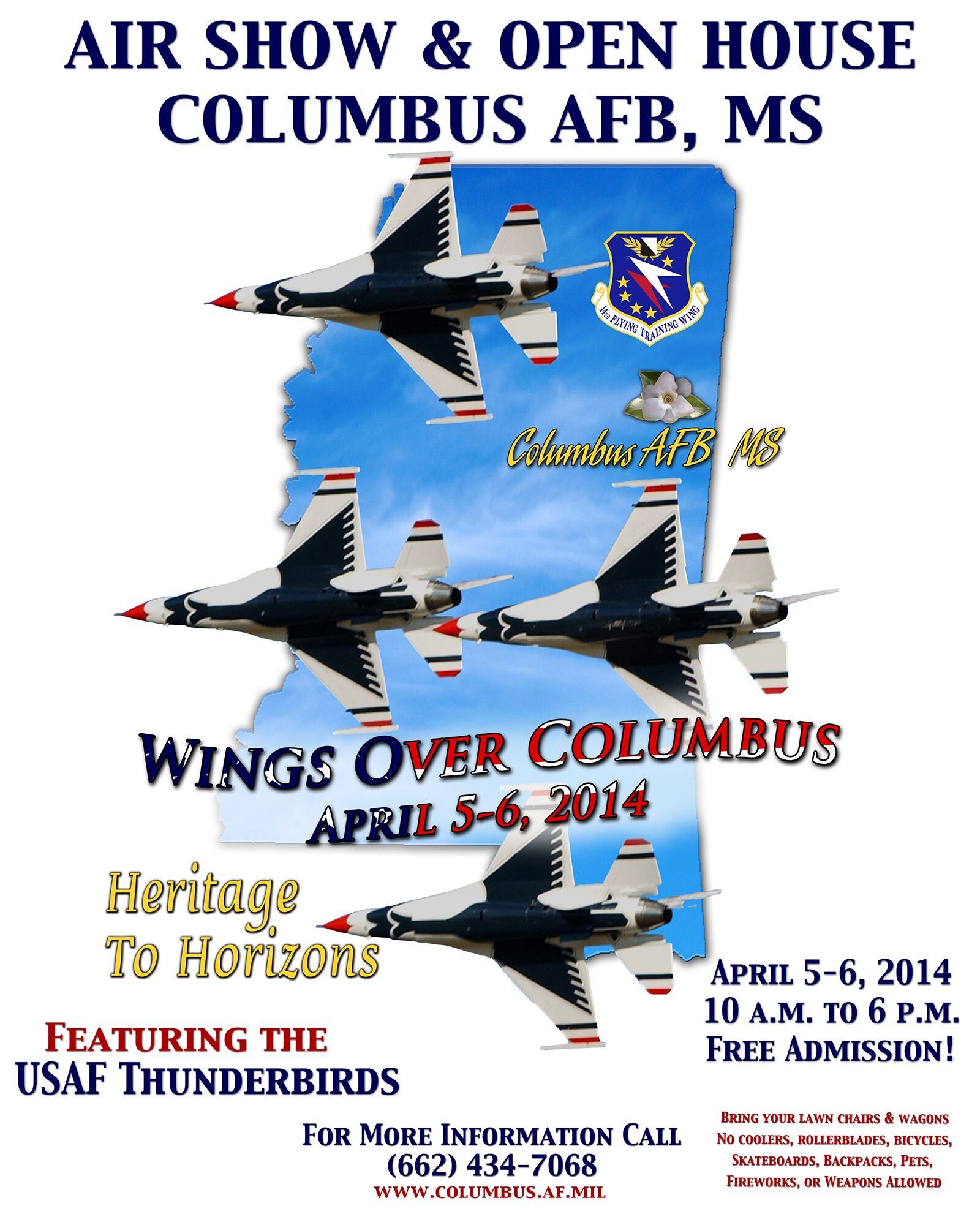 Col. Jim Sears, 14th Flying Training Wing Commander, announced Jan. 16 at the Base Community Council Luncheon that Columbus Air Force Base was one of 14 active duty bases to be selected for the Thunderbirds to visit. The Columbus AFB Open House and Air Show will be held April 5-6 and will feature the United States Air Force Thunderbirds.