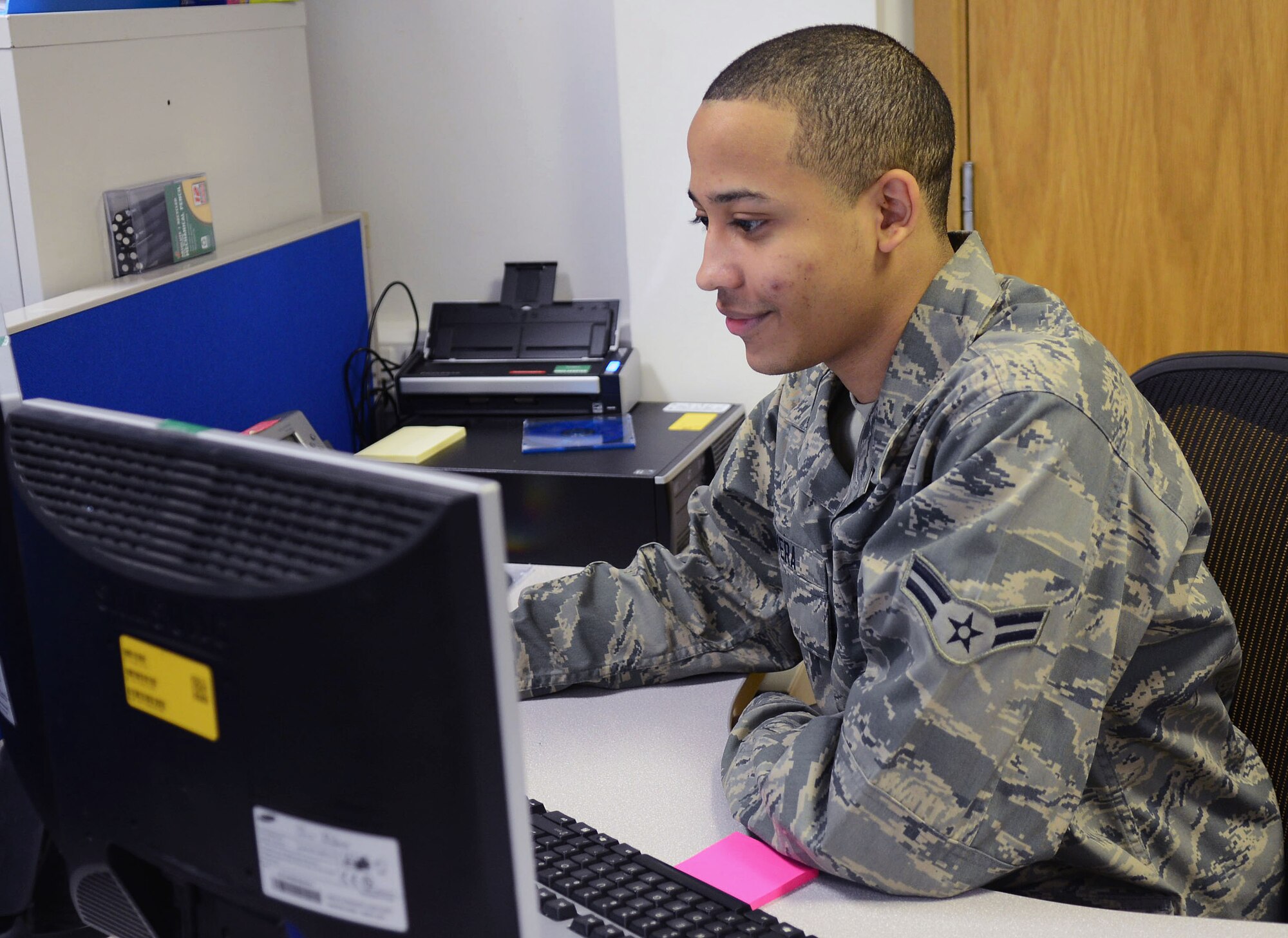 U.S. Air Force Airman 1st Class Maximiliano Rivera, 100th Maintenance Group maintenance management production journeyman from Miami, validates management information system on KC-135 Stratotanker aircraft Jan. 10, 2014, on RAF Mildenhall, England. Rivera earned the Square D Spotlight for exhibiting the Air Force Core Value of Excellence in All We Do. (U.S. Air Force photo by Airman 1st Class Kyla Gifford/Released)