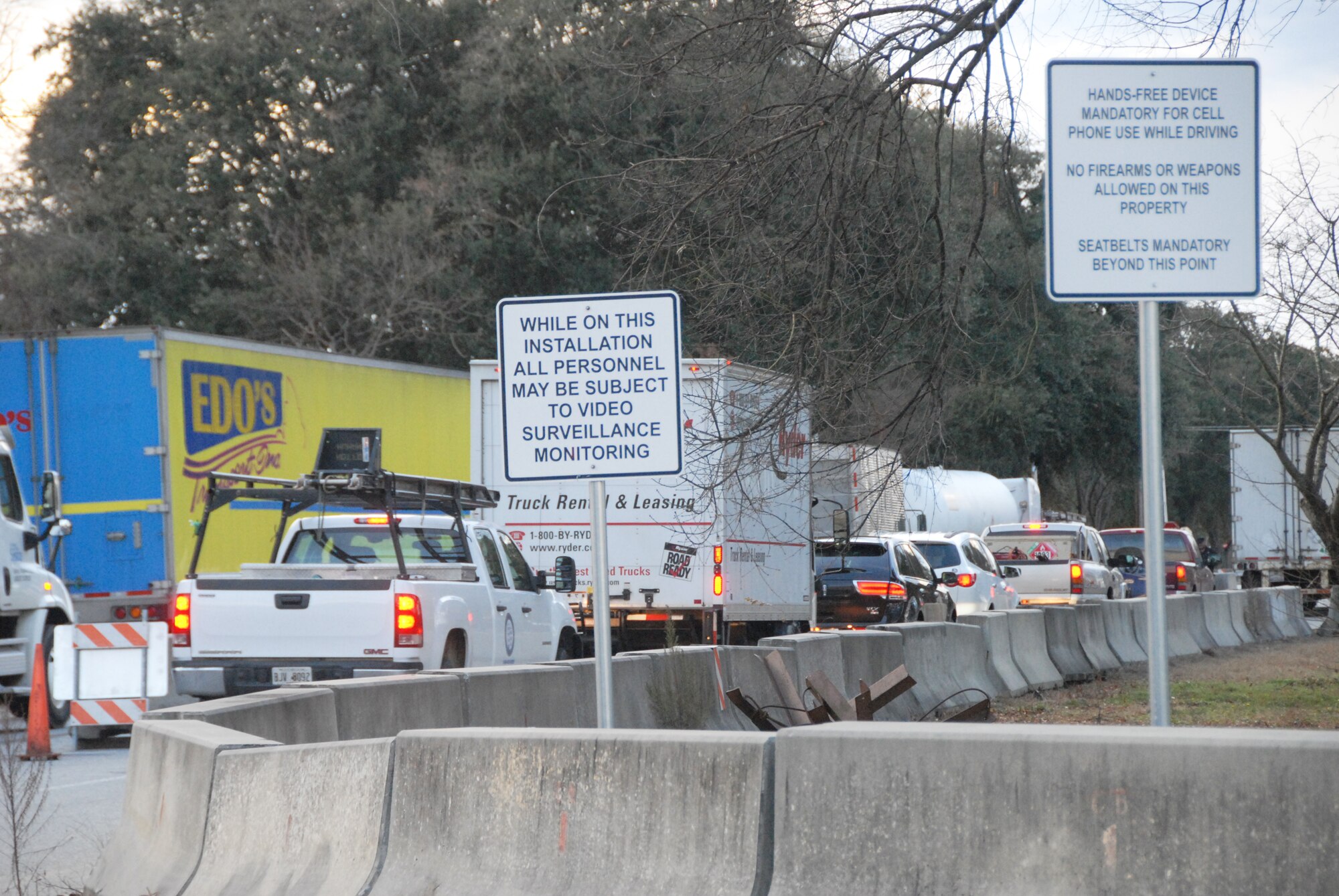 The inbound lanes of the Martin Luther King Gate are now closed due to construction,
which is scheduled to run until early March. To help ease congestion, the right inbound lane of the Commercial/Truck Gate will temporarily be open on weekdays from 6 to 8 a.m. for privately-owned vehicles. The left inbound lane will also be open but for Commercial/Truck use only. This is in addition to the Air National Guard Gate, which will be open to both inbound and outbound traffic on weekdays from 6 to 8 a.m.
Outbound traffic will be right-hand turn only. The hours of operation of the Russell, Watson and Green street gates will not change. Motorists are asked to be patient with Airmen manning the gates if there are delays. (U.S. Air Force photo by Misuzu Allen)