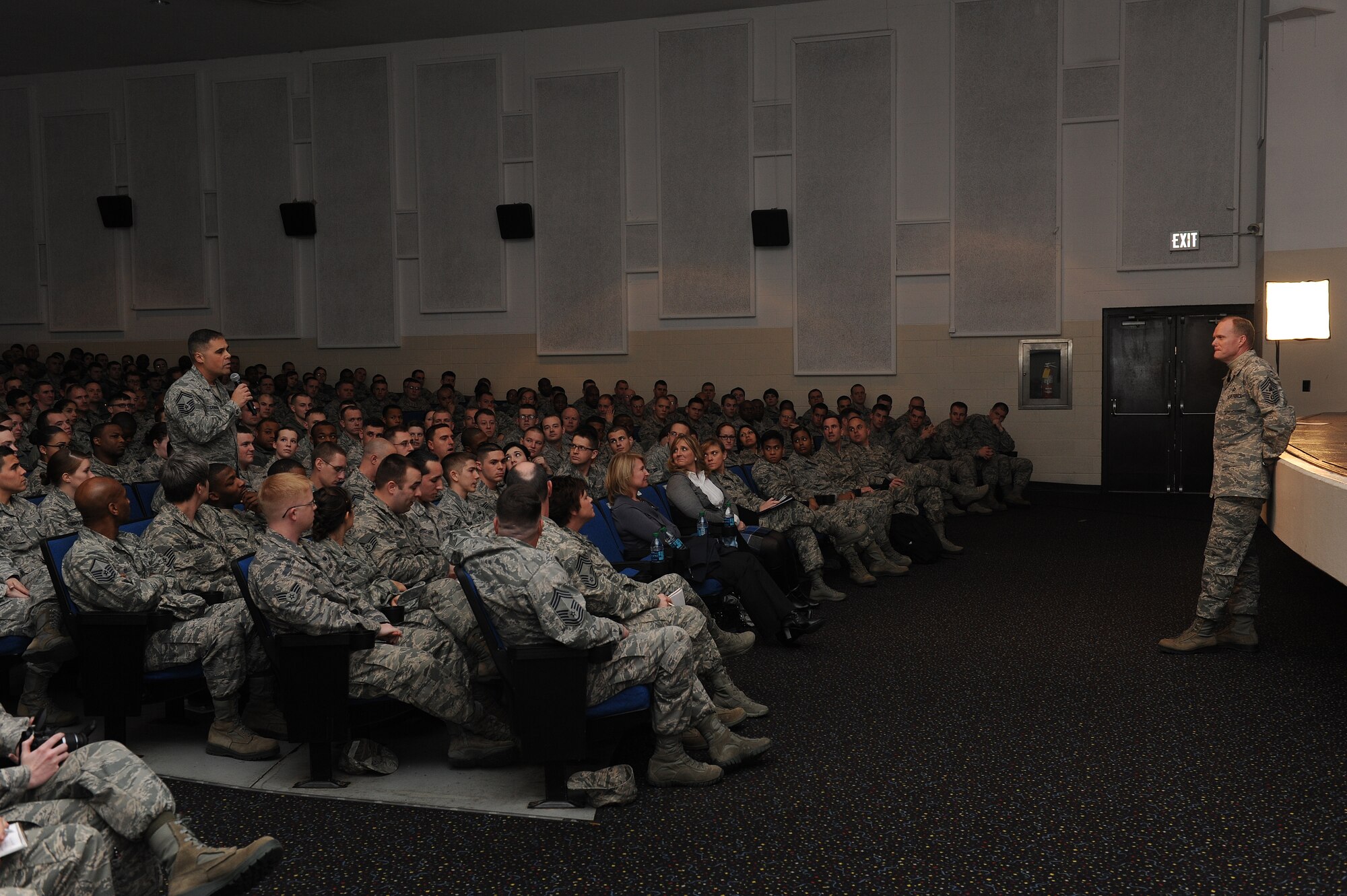 Chief Master Sgt. of the Air Force James Cody listens to a question from an Airman at the Airmen's Call at the library auditorium Jan. 15, 2014, Scott Air Force Base, Ill. Cody discussed force management and answered various questions from Airmen. (U.S. Air Force photo/Airman 1st Class Megan Friedl)