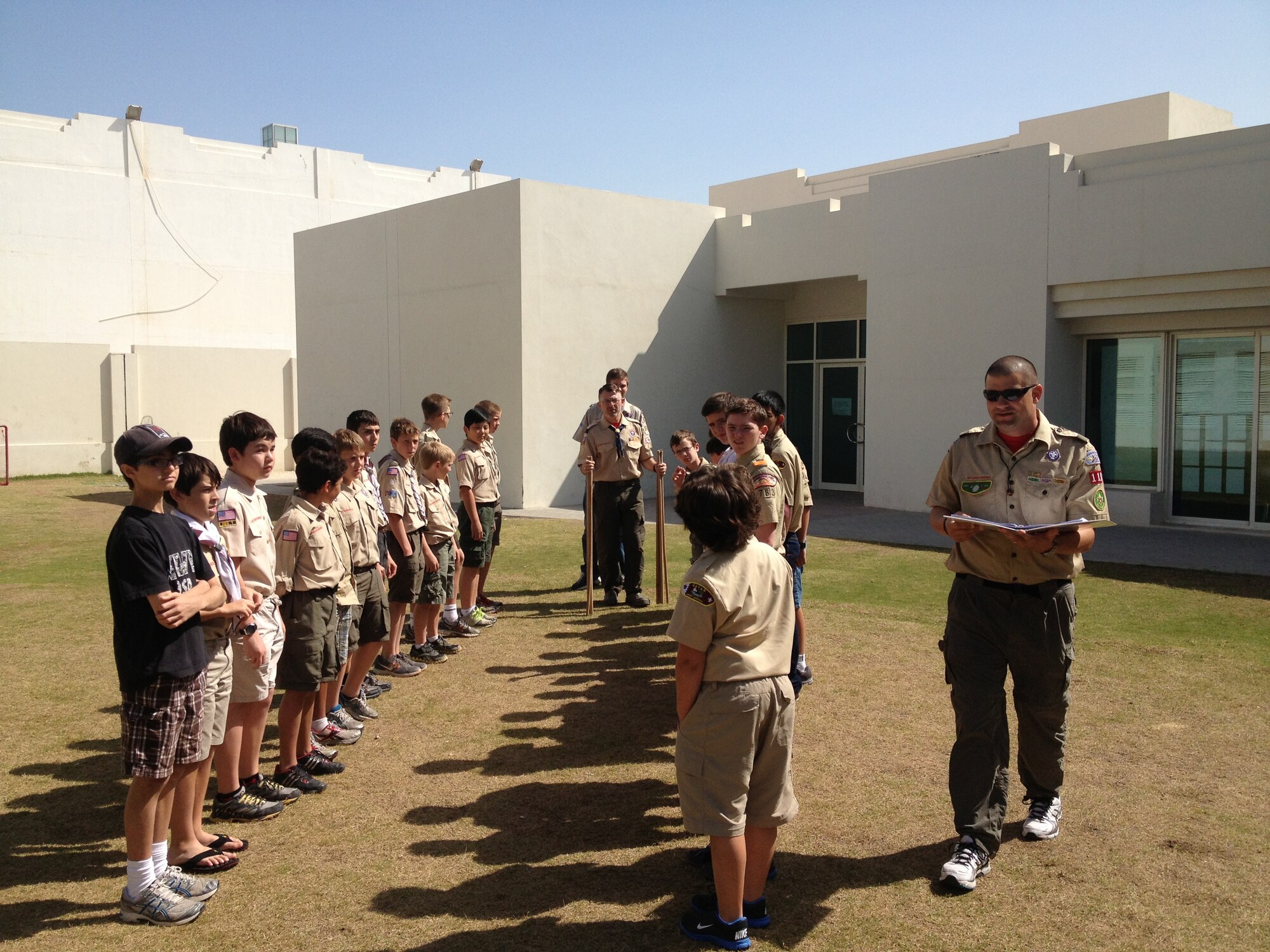 Volunteers from Al Udeid Air Base who are members of Jar Saleh help with the local Boy Scout troop in Doha, Qatar.  Jar Saleh, which is Arabic for “Good Neighbor,” is a private volunteer organization at AUAB since 2012, focused on relationship-building engagements in the local area to develop long lasting partnerships and cultivate a sense of community.  Volunteer opportunities are abundant with the American School of Doha, the local orphanage, the local animal shelter and with the Boy and Girl Scout troops.  Jar Saleh continues to provide the largest number of volunteer hours of all the private organizations on base, averaging nearly 3,000 volunteer hours quarterly.  (Courtesy photo)