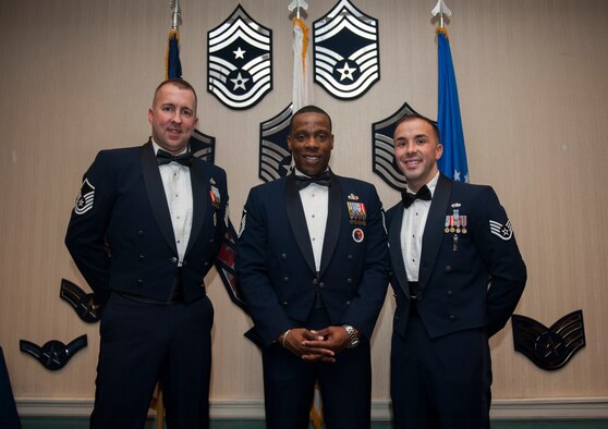 From left to right: Master Sgt. Bryon Barron, 673rd Air Base Wing Airman Leadership School instructor, Master Sgt. Jerrme Stanton, 51st Force Support Squadron ALS commandant, and Staff Sgt. Edward White, 18th Wing ALS instructor, pose for a photo after graduating a class at Kunsan Air Base, Republic of Korea, Dec. 17, 2013. Stanton is the commandant of ALS for the entire Korean peninsula and works with Pacific Air Forces to bring ALS instructors to the ROK. These instructors ensure that Airmen continue their professional development while stationed in the Republic of Korea. (U.S. Air Force photo by Senior Airman Clayton Lenhardt/Released)