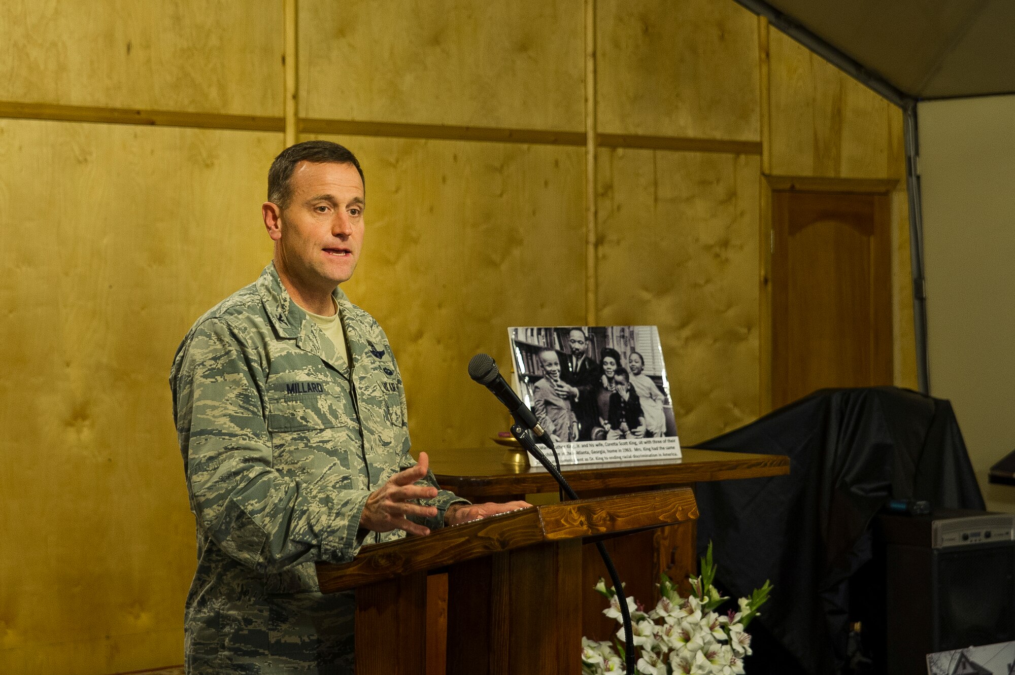 Col. John Millard, 376th Air Expeditionary Wing commander, speaks before the Martin Luther King Day of Service Walk at Transit Center at Manas, Kyrgyzstan, Jan. 15, 2014. More than 30 members of the transit center banded together to clean up a running trail located within the confines of the base. The cleanup was their way of giving back as part of "A Day of Service" to honor King. (U.S. Air Force photo/Senior Airman George Goslin)