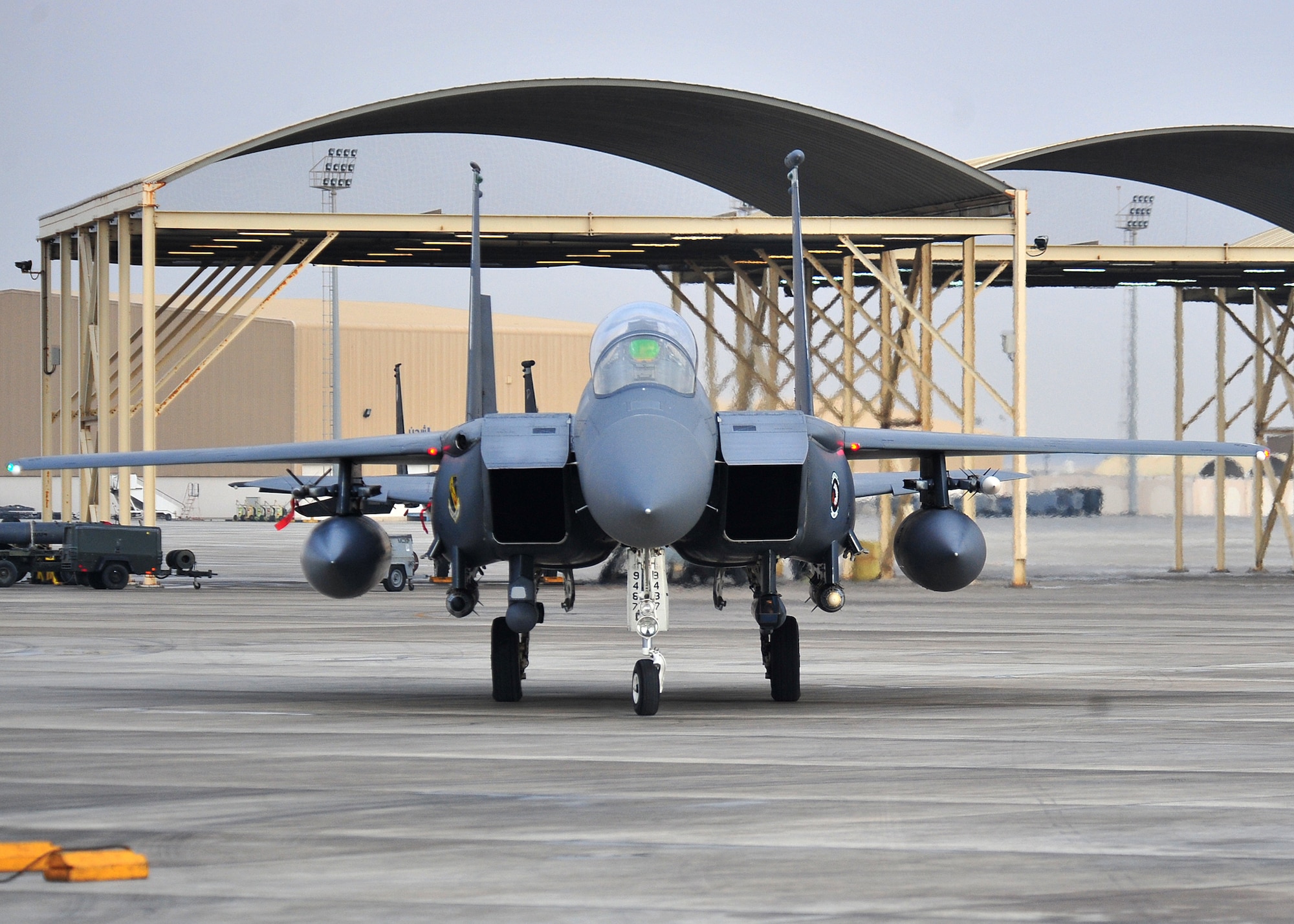 The 335th Expeditionary Fighter Squadron F-15E fighter aircraft flag ship parks after flying Air Force Maj "Dozer," a weapon systems officer assigned to the 335th Expeditionary Fighter Squadron, at an undisclosed location in Southwest Asia, Jan. 12, 2014. Dozer just completed his 1,000th combat flying hour. (U.S. Air Force photo by Staff Sgt. Michael Means/Released)