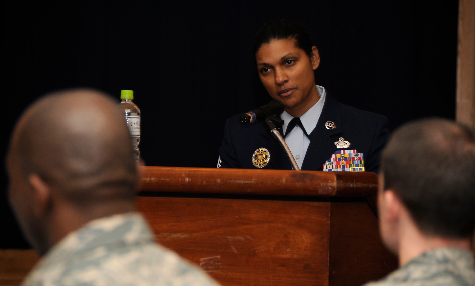 Chief Master Sgt. Melissa Barney, 35th Maintenance Squadron first sergeant, speaks to attendees during the 2014 Martin Luther King Jr. Luncheon at Misawa Air Base, Japan, Jan. 17, 2014. Barney shared her experience as growing up as an African American female and the positive experiences she had after she joined the Air Force. More than 60 Airmen and civilians attended the event held in honor of King’s memory and legacy. (U.S. Air Force photo/Airman 1st Class Patrick Ciccarone)