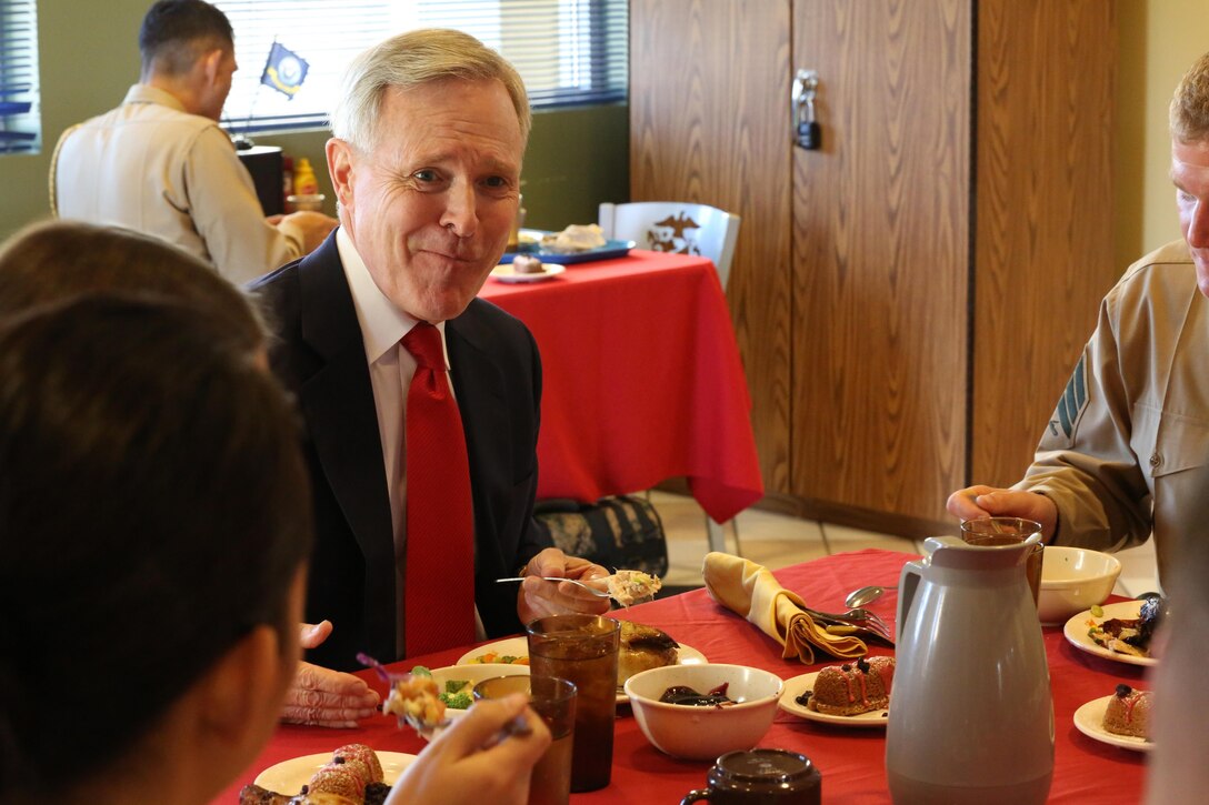 Secretary of the Navy Ray Mabus, has lunch with a group of Marines aboard Camp Pendleton, Calif., Jan. 10. Mabus met with a group of non-commissioned officers to 
discuss questions and concerns they had regarding the Marine Corps.