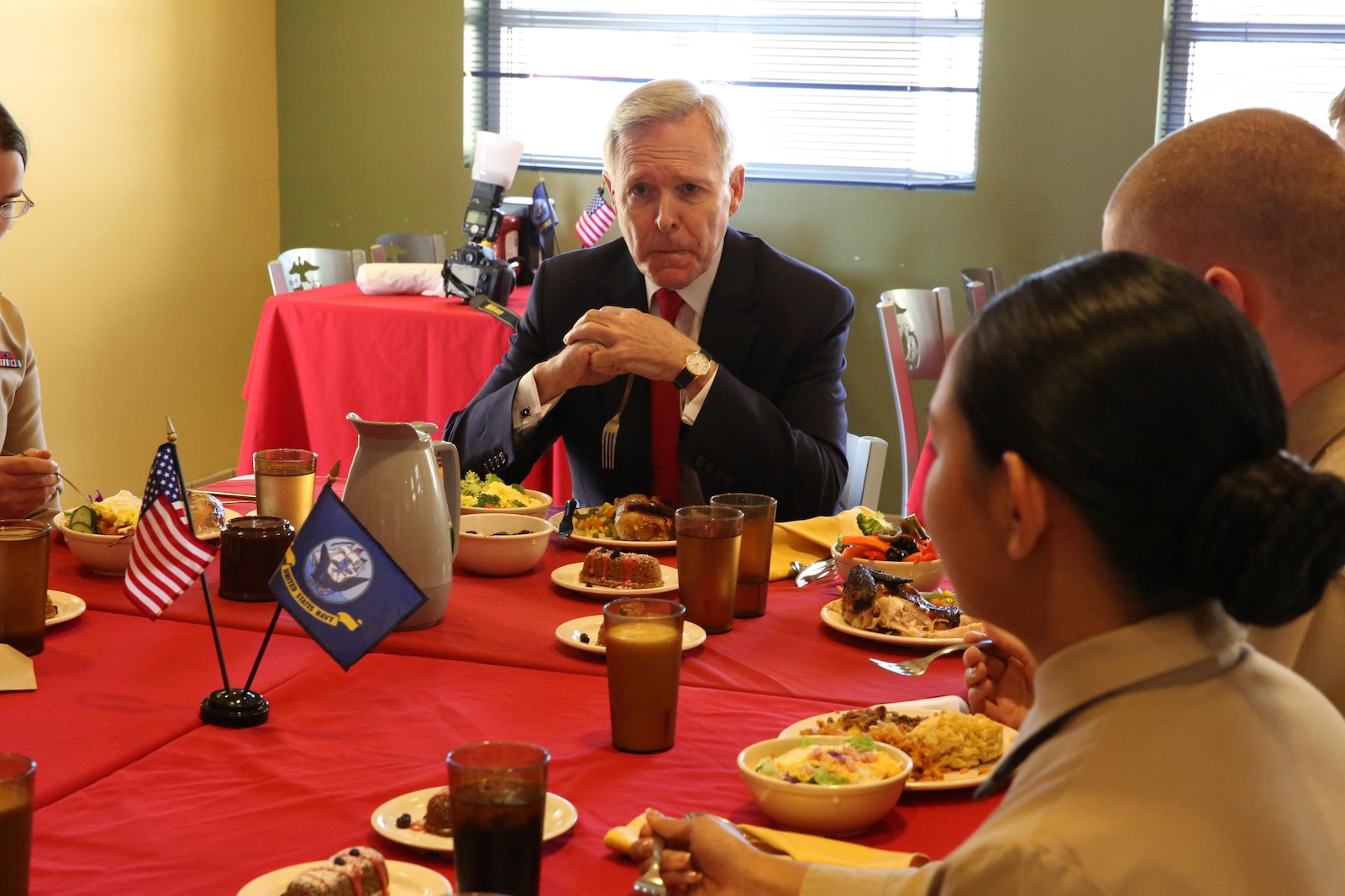 Secretary of the Navy Ray Mabus, listens to a Marine’s question during lunch aboard Camp Pendleton, Calif., Jan 10. Mabus met with a group of non-commissioned officers to allow them to ask question and concerns regarding the Marine Corps.
