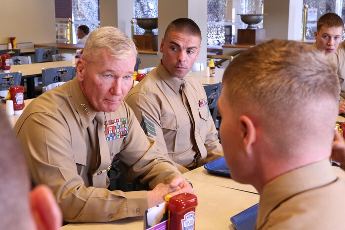 I Marine Expeditionary Force Commanding General, Lt. Gen. John A. Toolan, sits with a group of Marines aboard Camp Pendleton, Calif., Jan. 10. Marines had an opportunity to ask and discuss questions they had about I MEF and the Marine Corps.