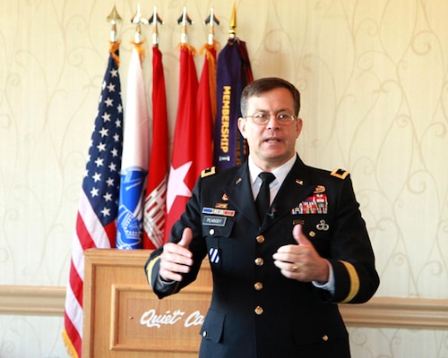 Maj. Gen. John Peabody addresses members of the Society of American Military Engineers at their 28th annual joint breakfast meeting Jan. 17 in Montebello, Calif. The U.S. Army Corps of Engineers' deputy commanding general for Civil and Emergency Operations said the country needs to work on the four "R's;" roads, railways, runways and rivers. Repairing aging infrastructure, he said, is an investment in the future.