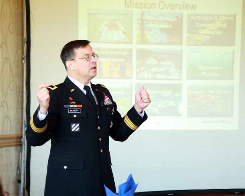 Maj. Gen. John Peabody addresses members of the Society of American Military Engineers at their 28th annual joint breakfast meeting Jan. 17 in Montebello, Calif. The U.S. Army Corps of Engineers' deputy commanding general for Civil and Emergency Operations said the country needs to work on the four "R's;" roads, railways, runways and rivers. Repairing aging infrastructure, he said, is an investment in the future.