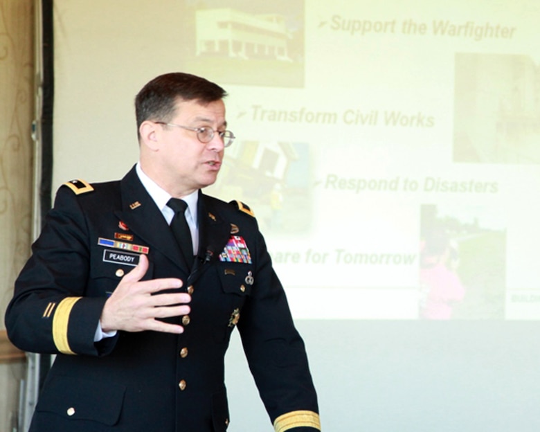 Maj. Gen. John Peabody addresses members of the Society of American Military Engineers at their 28th annual joint breakfast meeting Jan. 17 in Montebello, Calif. The U.S. Army Corps of Engineers' deputy commanding general for Civil and Emergency Operations said the country needs to work on the four "R's;" roads, railways, runways and rivers. Repairing aging infrastructure, he said, is an investment in the future.