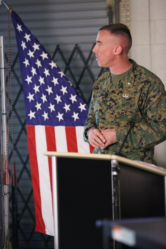 Lt. Col. Brian Russell, the commanding officer of 1st Air Naval Gunfire Liaison Company, speaks to Marines and families at a town hall meeting aboard Camp Pendleton, Calif., Jan 15. The meeting allowed families to ask questions and get a better sense of ANGLICO’s structure and purpose.