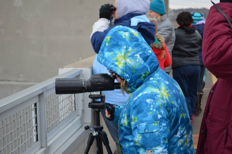 A Girl Scout uses a spotting scope to get a better view of eagles on the Mississippi River during the 2014 Scouting for Eagles event January 18, 2014 at the National Great Rivers Museum in Alton, Ill. 