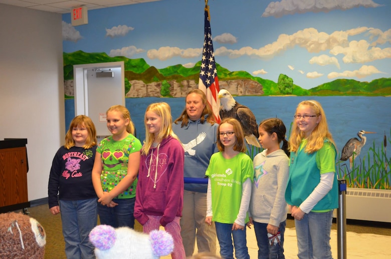 A group of Girl Scouts learn more about eagles and get a chance to view a live one up-close during the 2014 Scouting for Eagles event January 18, 2014 at the National Great Rivers Museum in Alton, Ill. 