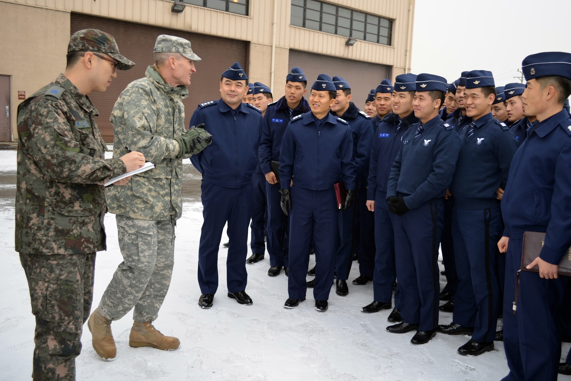 Lt. Col. Michael Bryant, 35th Air Defense Artillery Brigade deputy commander, speaks with Republic of Korea Air Force cadets at Osan Air Base, ROK, January 21, 2014. Nearly 100 cadets attended the trip to learn about the U.S. Patriot missile and Army air defense. (U.S. Army photo/Staff Sgt. Heather A. Denby)
