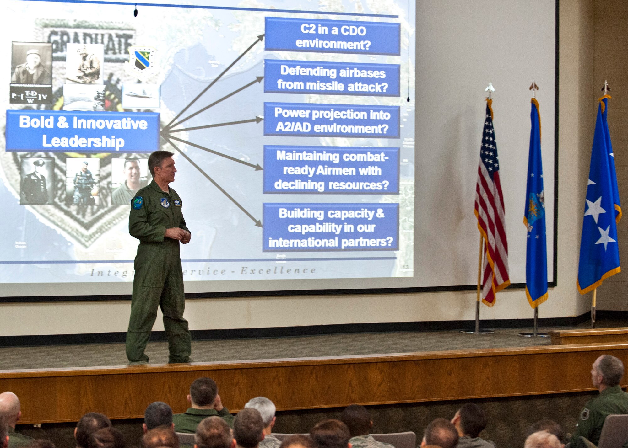 U.S. Air Force Pacific Air Forces Commander, Gen. Herbert Carlisle, addresses warfighters at the 13th annual Weapons and Tactics Conference at Nellis Air Force Base, Nev., Jan. 16, 2014.  WEPTAC is an annual two week event that brings together hundreds of warfighters from the Combat Air Forces to discuss current issues, to look at future issues and to provide solutions for joint employment of forces. Attendance is primarily Air Force military members, but there has been an increasing amount of participation from the Army, Navy and Marines. (U.S. Air Force photo by Airman 1st Class Thomas Spangler)