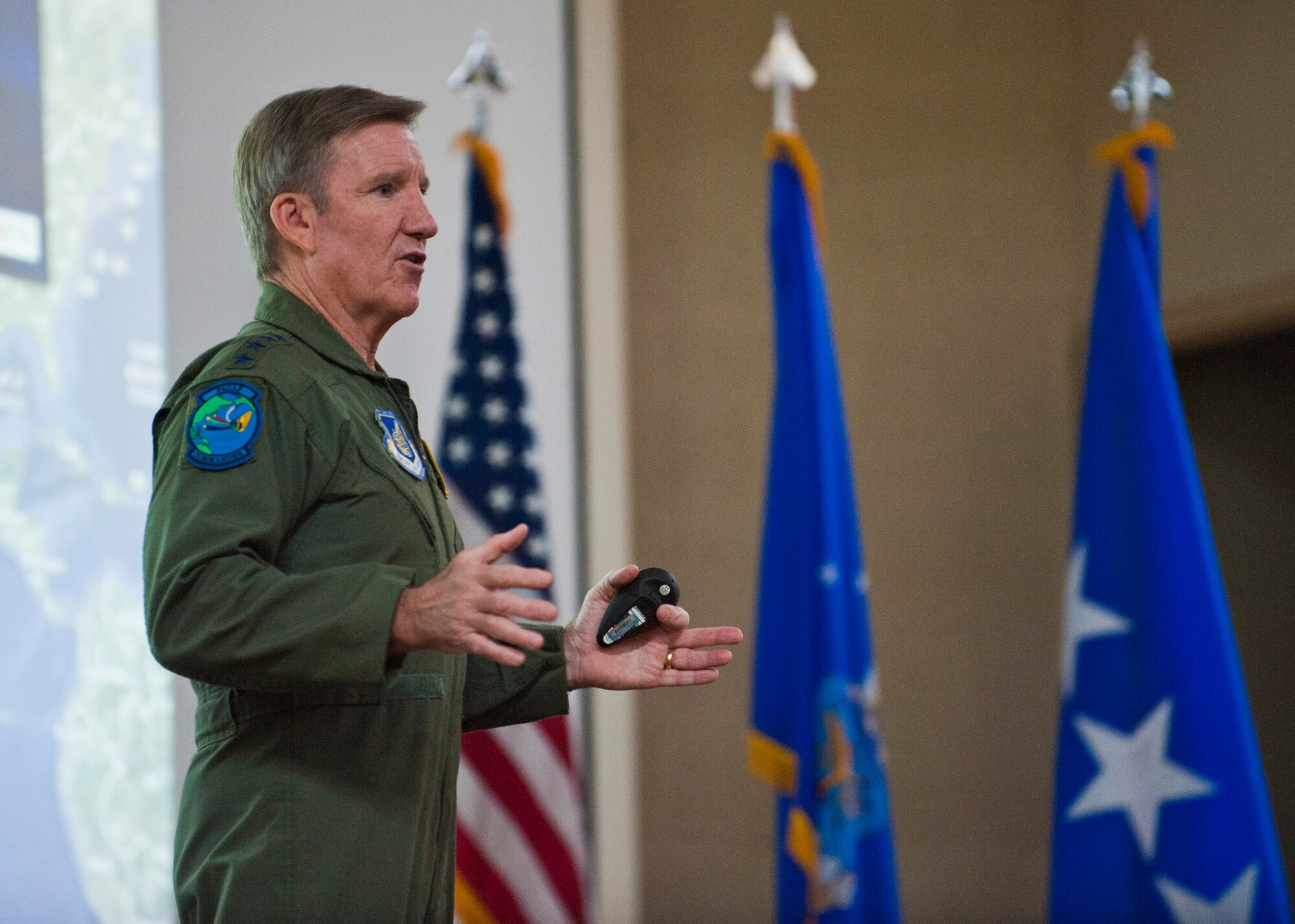 U.S. Air Force Pacific Air Forces Commander, Gen. Herbert Carlisle, addresses warfighters at the 13th annual Weapons and Tactics Conference at Nellis Air Force Base, Nev., Jan. 16, 2014. WEPTAC is an annual conference where warfighters from around the Air Force come together to discuss current issues affecting the Air Force  and potential solutions for those issues. (U.S. Air Force photo by Airman 1st Class Thomas Spangler)