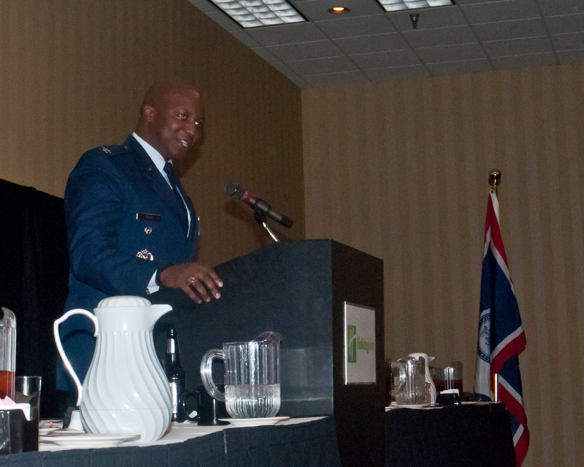 Col. Carl Jones, 90th Missile Wing vice commander, delivers the keynote speech at the Western Star Lodge #6’s Dr. Martin Luther King, Jr., Black Tie Banquet Jan. 19, 2014, at the Holiday Inn, Cheyenne, Wyo. Jones stressed that race relations have improved since the days of King’s activism, yet there are still areas for improvement within U.S. society. He expressed the need for the Cheyenne and F.E. Warren communities to become closer and work together for the betterment of both. “There’s no reason for us not to be the one community the rest of Wyoming wants to emulate,” he said.