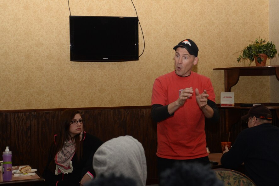 U.S. Air Force Chaplain (Capt.) Randy Croft, 20th Fighter Wing chaplain, speaks to single E4 and below Airmen from Shaw Air Force Base, N.C. during a chapel ski trip in Boone, N.C., Jan. 19, 2014. Croft spoke about the importance of ‘bouncing back’ from trials and the services that chaplains offer to all Airmen, regardless of their faith. (U.S. Air Force photo by Airman 1st Class Jonathan Bass/Released) 

