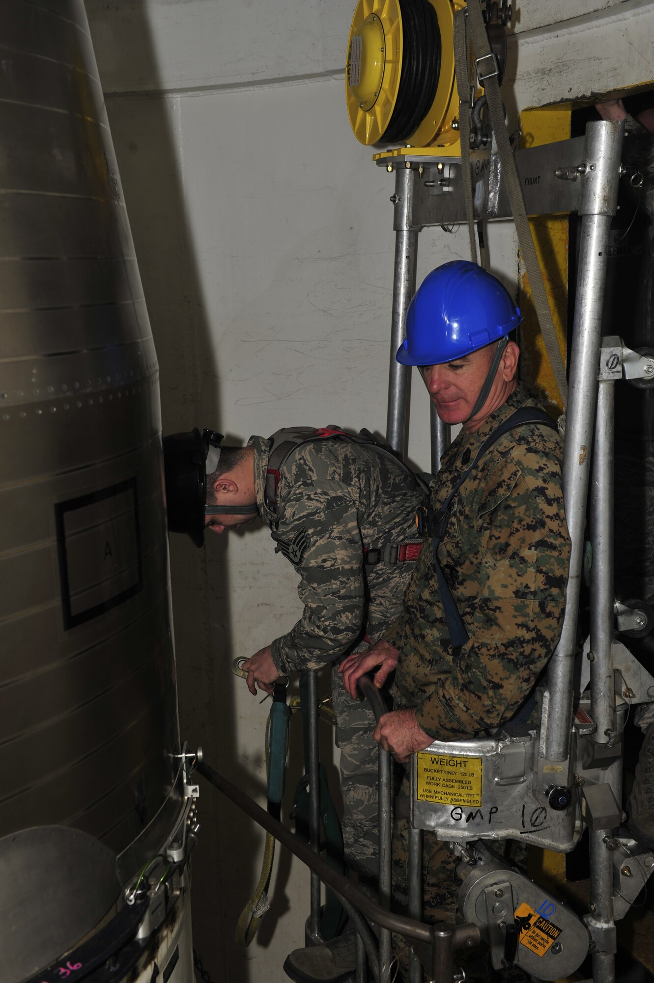 Marine Corps Sgt. Maj. Bryan Battaglia, Senior Enlisted Advisor to the Chairman of the Joint Chiefs of Staff, visited Minot Air Force Base January 13-15, 2014, to personally visit with Airmen of both the 5th Bomb Wing and 91st Missile Wing to learn more about their day-to-day contributions to the nuclear deterrence mission.  Battaglia is charged with advising the CJCS on all matters involving joint and combined total force integration, utilization, health of the force and joint development for enlisted personnel.  (U.S. Air Force photos/ Senior Airman Kristoffer Kaubisch and Airman 1st Class Lauren Pitts) 