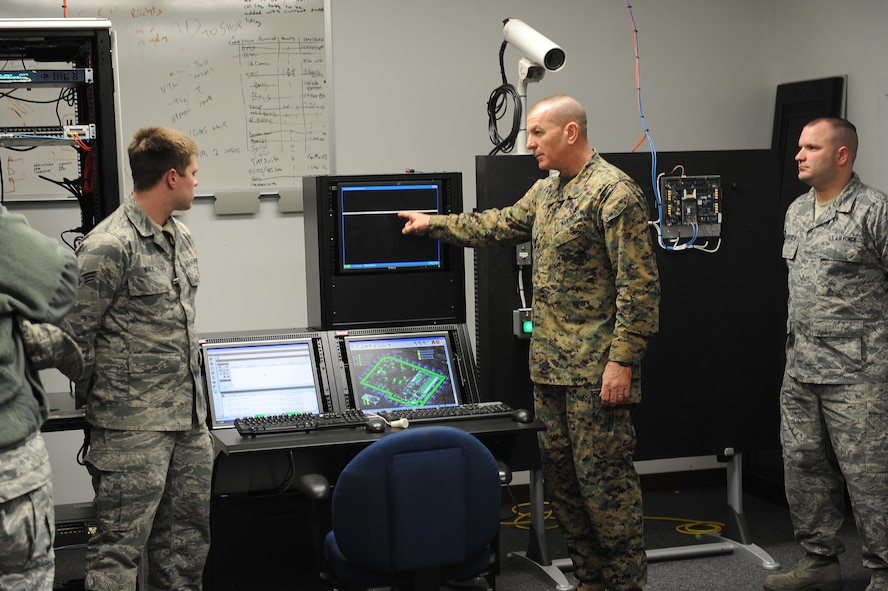 Marine Corps Sgt. Maj. Bryan Battaglia, Senior Enlisted Advisor to the Chairman of the Joint Chiefs of Staff, visited Minot Air Force Base January 13-15, 2014, to personally visit with Airmen of both the 5th Bomb Wing and 91st Missile Wing to learn more about their day-to-day contributions to the nuclear deterrence mission.  Battaglia is charged with advising the CJCS on all matters involving joint and combined total force integration, utilization, health of the force and joint development for enlisted personnel.  (U.S. Air Force photos/ Senior Airman Kristoffer Kaubisch and Airman 1st Class Lauren Pitts) 