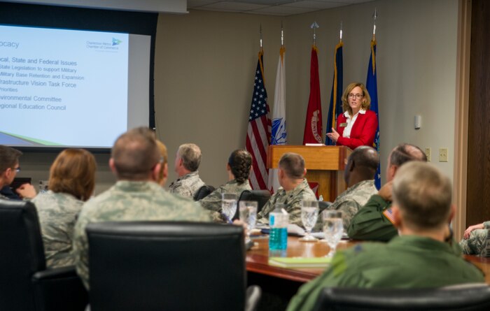 Mary Graham, Charleston Metro Chamber of Commerce senior vice president, educates Joint Base Charleston leadership on public policies, regional advancements and community outreach for the local area Jan. 15, 2013, at Joint Base Charleston – Air Base, S.C. Graham has been with the Charleston Metro Chamber of Commerce since 1989, working in Public Policy and the Center of Business Research. (U.S. Air Force photo / Senior Airman Tom Brading)