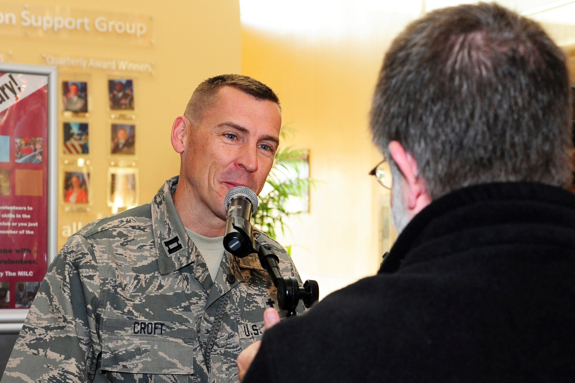 Chaplain (Capt.) Randy Croft, 20th Fighter Wing chaplain, is interviewed by Derek Burress, the host for the Good Morning Sumter radio show, at Shaw Air Force Base, S.C., Jan. 17, 2014. The radio show comes on base the first and third Friday of every month to interview Air Force and Army personnel on air for the Sumter community to listen. (U.S. Air Force photo by Airman 1st Class Diana M. Cossaboom/Released)