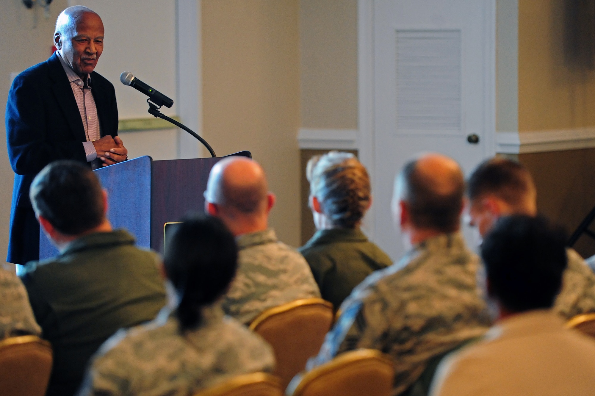 The mayor of Goldsboro, Al King, speaks during the 4th Fighter Wing’s annual Martin Luther King Jr. Day Celebration Ceremony at Heritage Hall, Jan. 17, 2014.  Mayor King talked about being discriminated against and how he used his experiences and influence to make changes within the community.  (U.S. Air Force photo by Airman 1st Class Brittain Crolley)