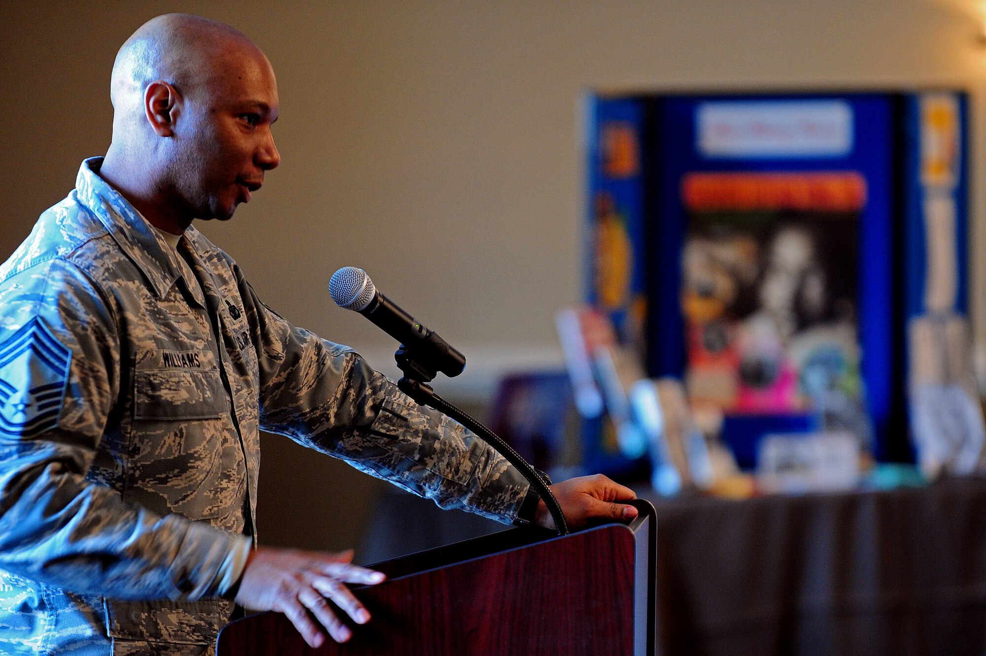 Chief Master Sgt. Craig Williams, 4th Security Forces Squadron security forces manager, speaks during the 4th Fighter Wing’s annual Martin Luther King Jr. Day Celebration Ceremony at Heritage Hall, Jan. 17, 2014.  In 1994, Congress directed the third Monday of every January would celebrate Dr. King’s life and accomplishments during the Civil Rights movement.  (U.S. Air Force photo by Airman 1st Class Brittain Crolley)