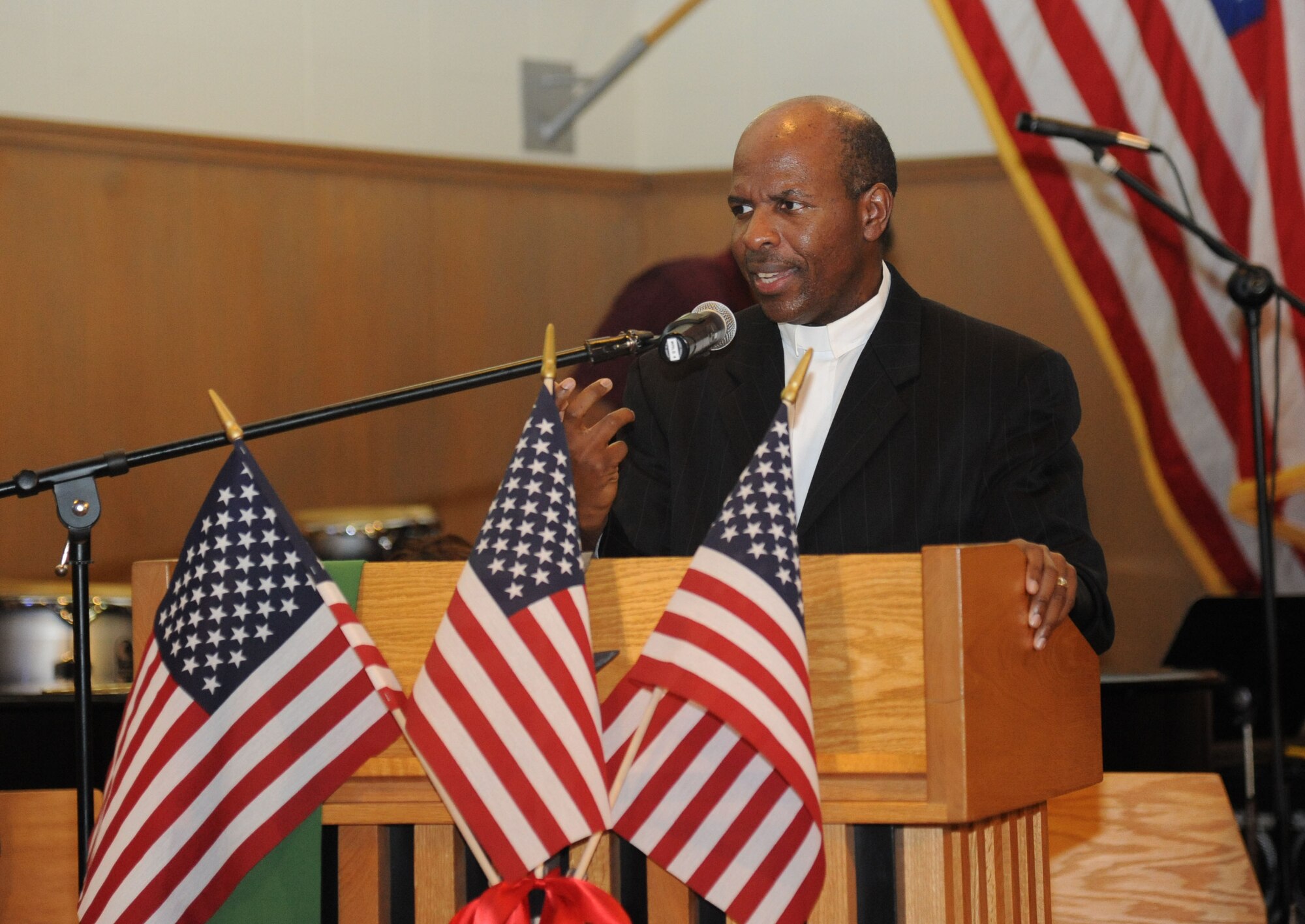 Col. Malcolm Johnson, 2nd Air Force vice commander, delivers a sermon during the Martin Luther King Jr. Commemorative Worship Service Jan. 19, 2013, at the Larcher Chapel, Keesler Air Force Base, Miss.  The Larcher Chapel Gospel Service dedicated the celebration to King, an iconic leader in the advancement of the African-American Civil Rights Movement.  (U.S. Air Force photo by Kemberly Groue)