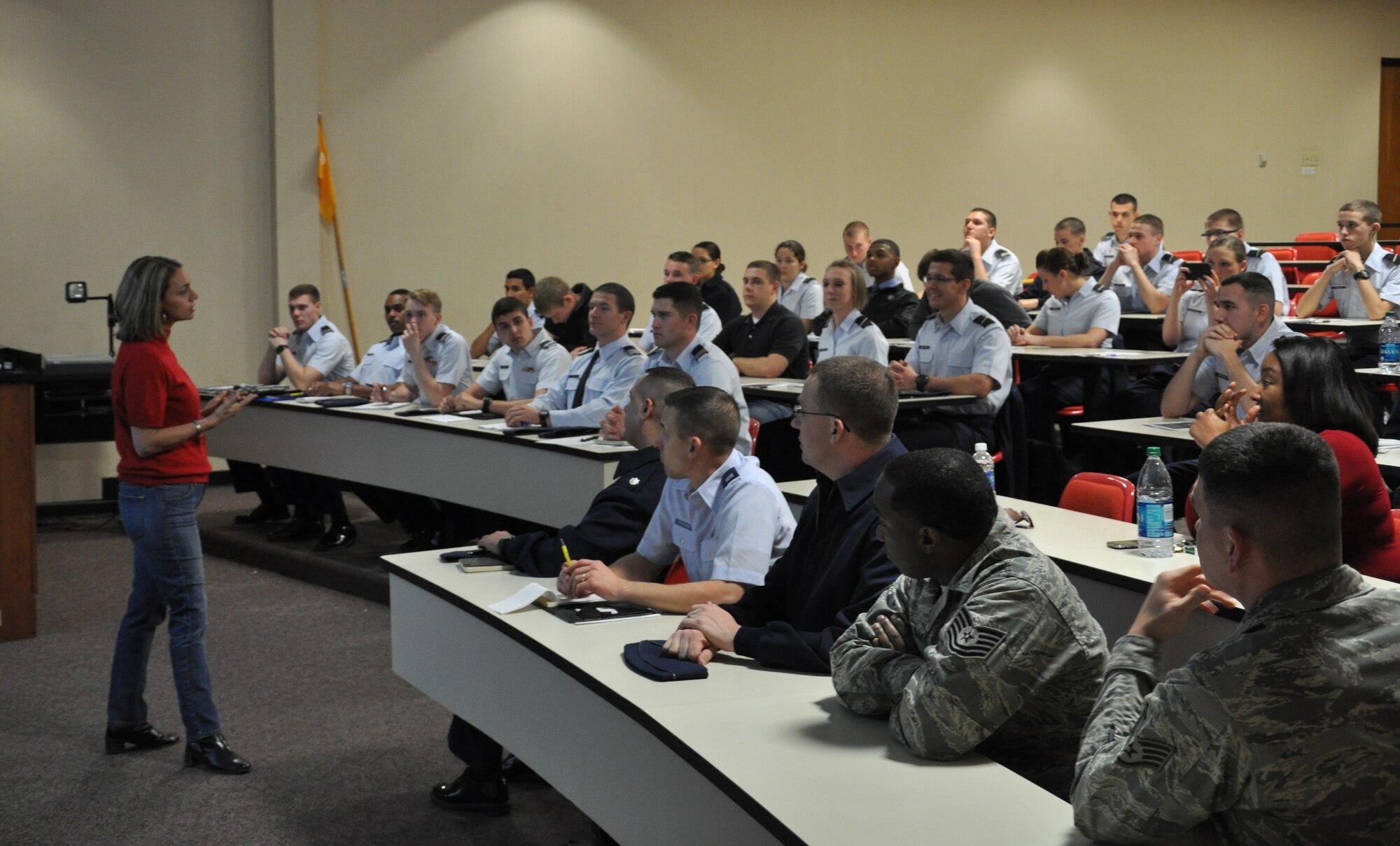 SAN ANGELO, Texas- Donna Casey, 17th Training Wing sexual assault response coordinator, shares stories with Angelo State University Air Force ROTC Detachment 847 cadets Jan. 15. Casey told personal stories of those she knew involved in sexual assault and briefed the students on ways they can prevent sexual assault. (U.S. Air Force photo/ Airman 1st Class Erica Rodriguez) 