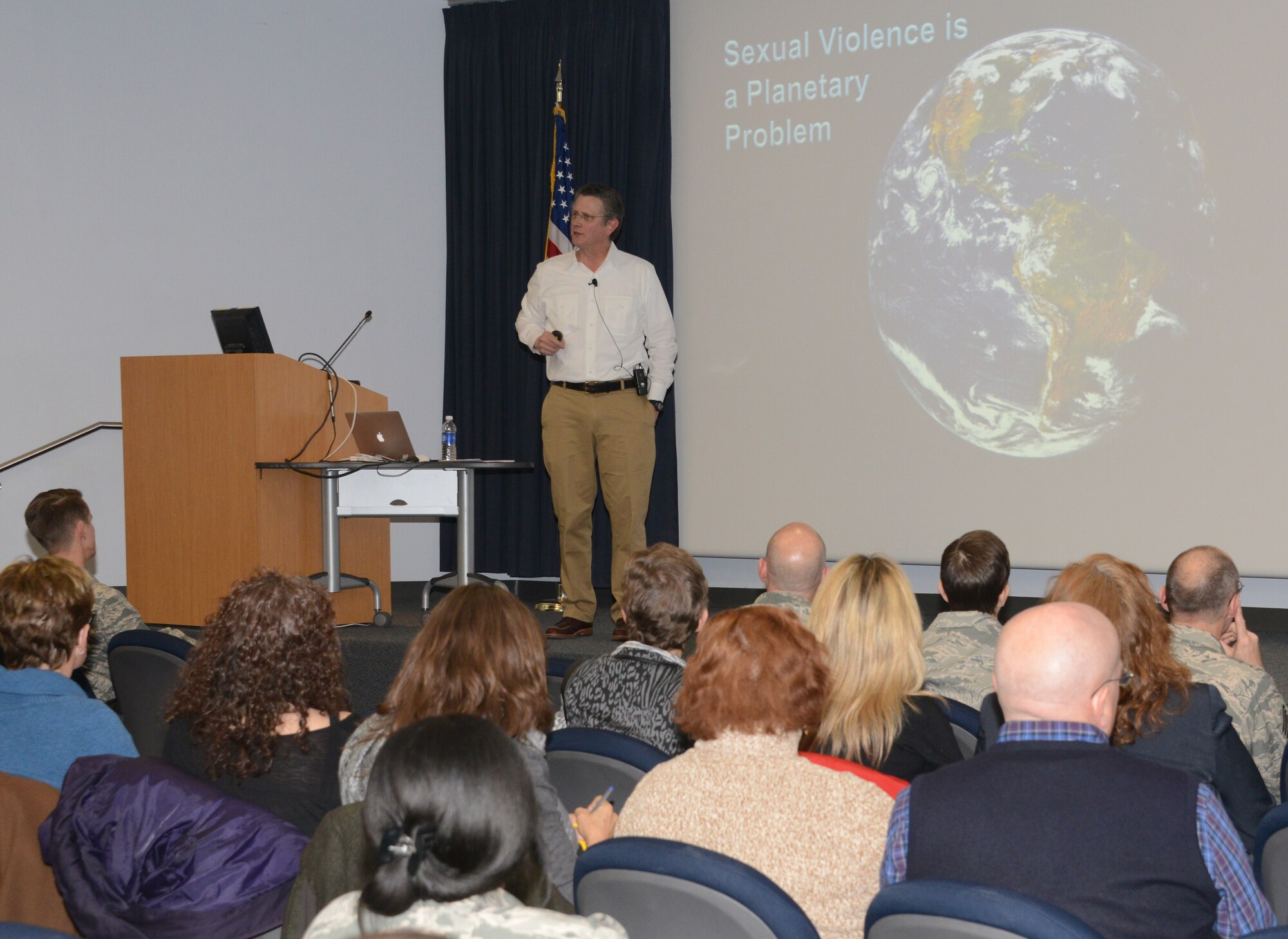 Dr. David Lisak, a nationally recognized forensic consultant, trainer and lecturer, speaks to an audience of more than 100 Team Kirtland senior leaders Jan. 13, in a two-hour presentation on a wide variety of topics related to sexual violence. (Photo by Dennis Carlson)
