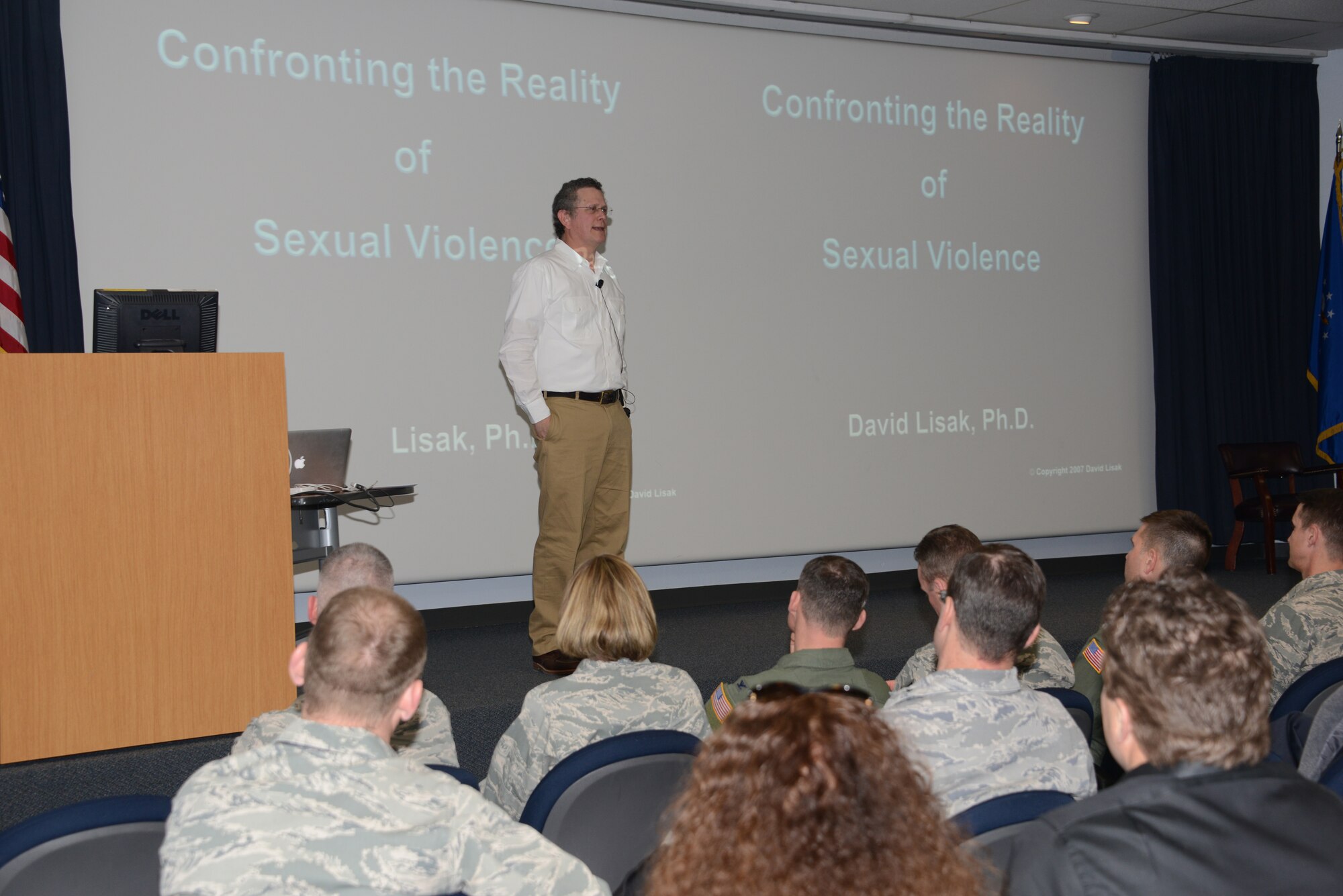Dr. David Lisak, a nationally recognized forensic consultant, trainer and lecturer, speaks to an audience of more than 100 Team Kirtland senior leaders Jan. 13, in a two-hour presentation on a wide variety of topics related to sexual violence. (Photo by Dennis Carlson)