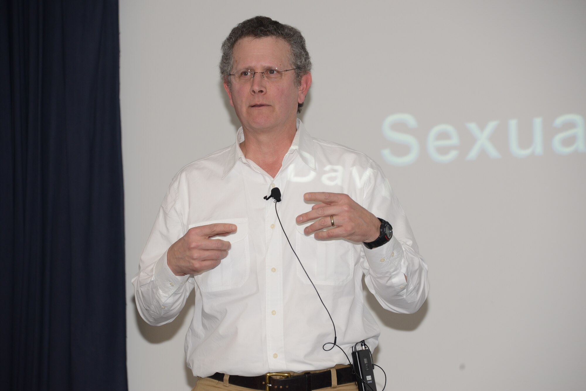 Dr. David Lisak, a nationally recognized forensic consultant, trainer and lecturer, speaks to an audience of more than 100 Team Kirtland senior leaders Jan. 13, in a two-hour presentation on a wide variety of topics related to sexual violence. (Photo by Dennis Carlson)