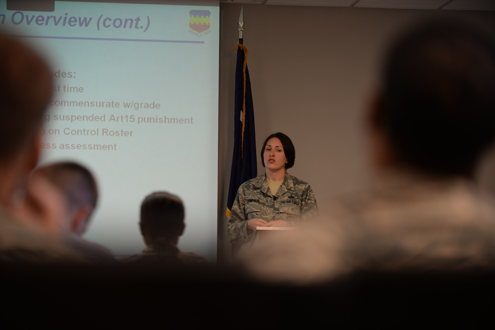 U.S. Air Force Master Sgt. Heather Stanfield, 20th Force Support Squadron superintendent of manpower and personnel flight, addresses Airmen who have been selected for the Quality Force Review Board at Shaw Air Force Base, S.C., Jan. 16, 2014. Airmen selected for the board vary from E-1 through E-6 and have some sort of negative identifier on their records. (U.S. Air Force photo by Airman 1st Class Michael A. Cossaboom/Released)