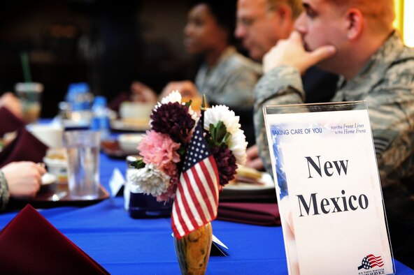 A U.S. flag sits on a table where service members from N.M. talk with their home representatives Jan. 18, 2013, at Incirlik Air Base, Turkey.  While the congressional leaders enjoyed lunch at the Sultan’s Inn, spouses enjoyed a lunch at the 39th Force Support Squadron Club Complex. (U.S. Air Force photo by Airman 1st Class Nicole Sikorski/Released) 