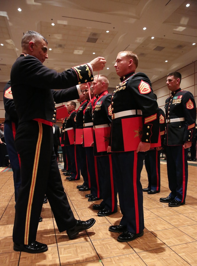 The commanding officer of 10th Marine Regiment, 2nd Marine Division, Col. Clifford J. Weinstein, presents the Fraternal Order of Saint Barbra award to those Marines who have dedicated their lives to going above and beyond what it means to be an artilleryman during the Saint Barbara celebration at the New Bern Convention Center, N.C., January 16, 2014. 